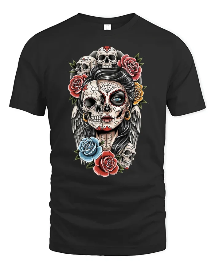 Sugar Skull Gothic Woman Rose Graphic T Shirt Vintage Tee - black t-shirt on white background