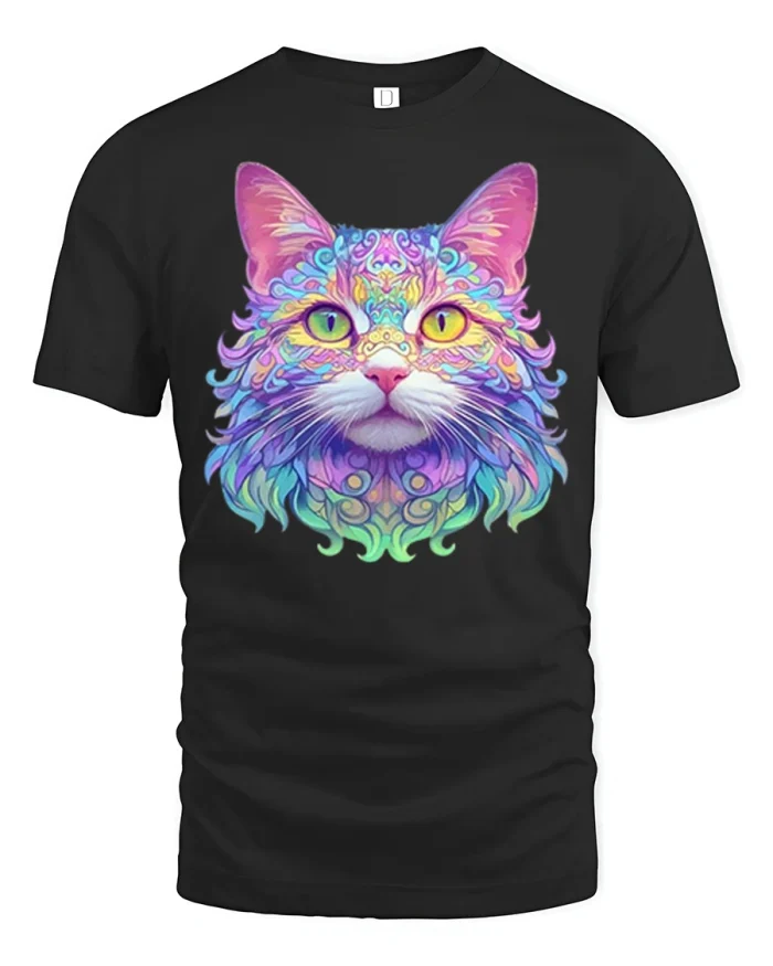 Colorful Psychedelic Cat Face Artistic Graphic T Shirt - black t-shirt on white background