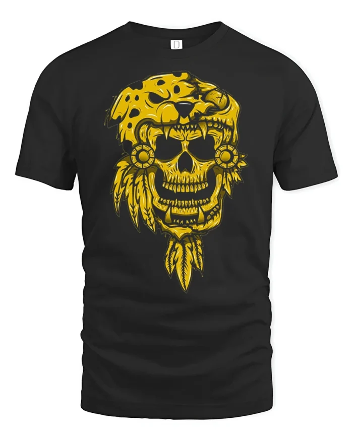 Tribal Skull Warrior Graphic Tee with Wild Beast Spirit Design - black t-shirt on white background