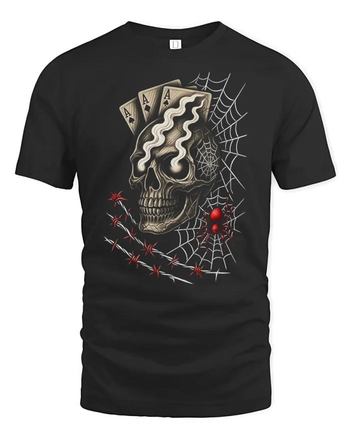 Gothic Skull Poker Graphic Tee with Spiders and Ace Card Design - black t-shirt on white background