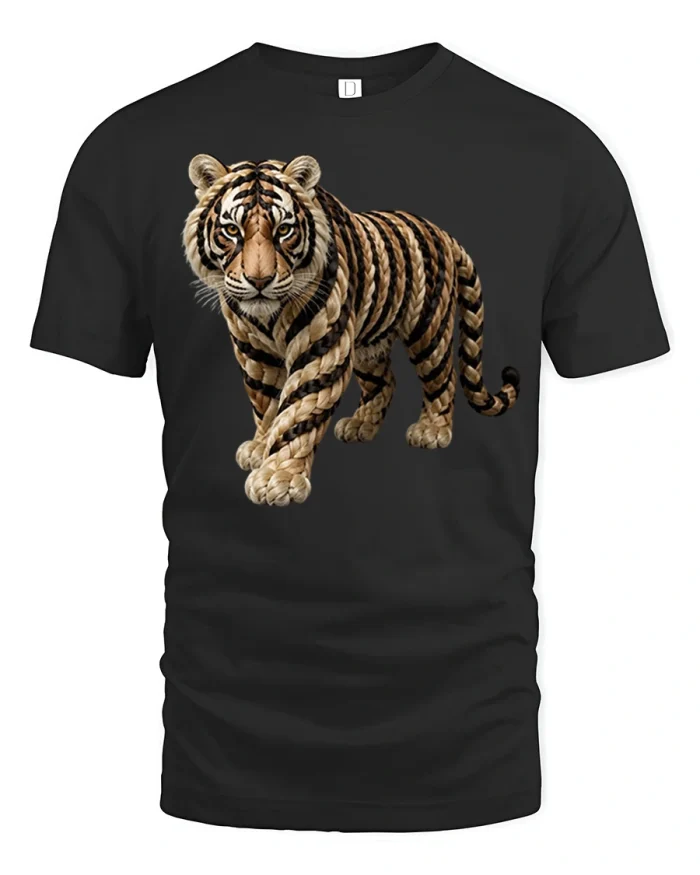 Realistic Rope Tiger Graphic Tee with Wild Jungle Animal Art - black t-shirt on white background