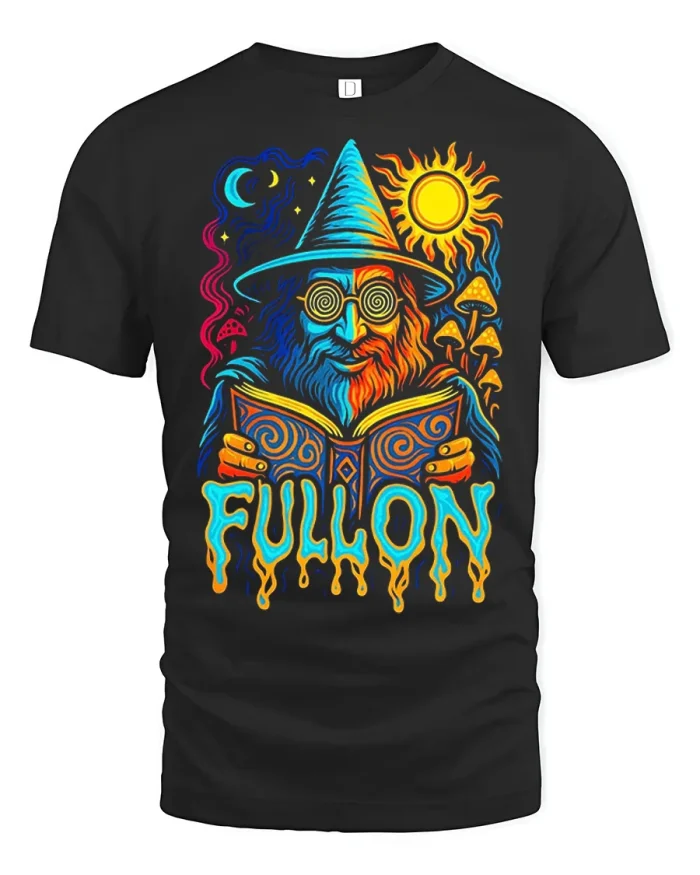 Full On Wizard Graphic Tee with Psychedelic Magic Book Artwork - black t-shirt on white background