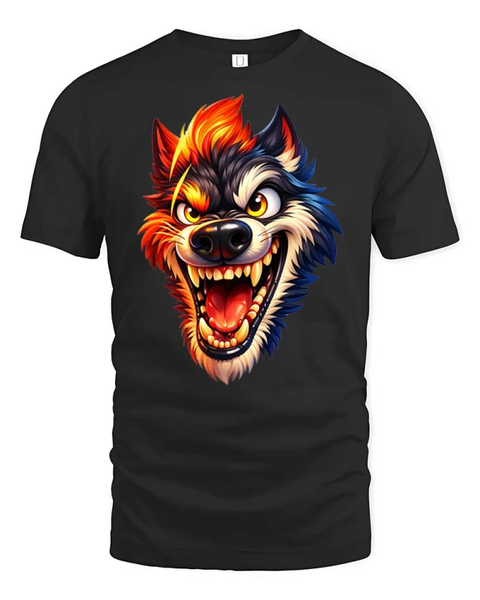 Crazy Cartoon Wolf Graphic Tee with Fierce Funny Animal Face - black t-shirt on white background
