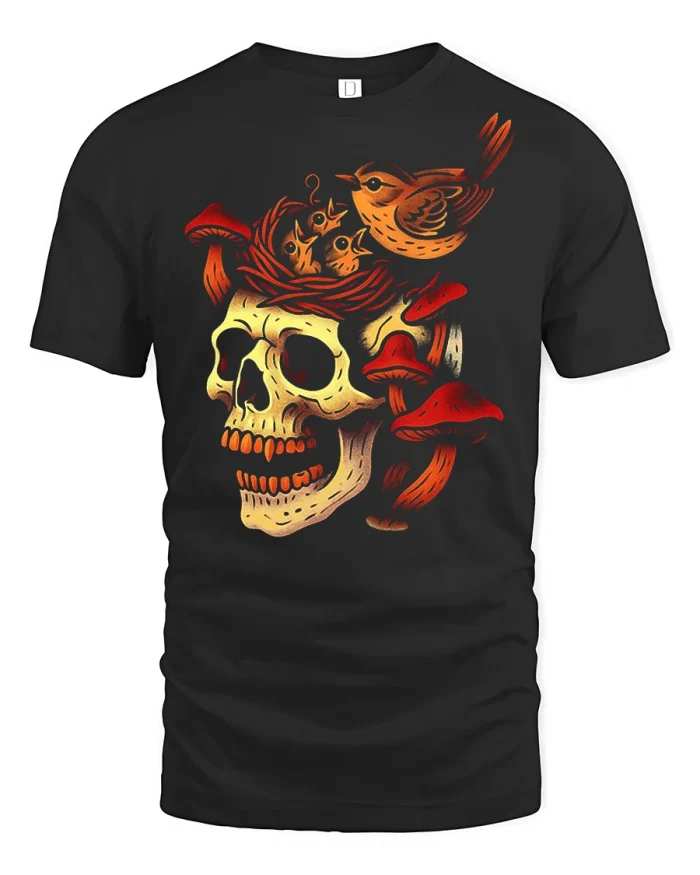 Vintage Skull Bird Nest Graphic Tee with Woodland Gothic Art - black t-shirt on white background