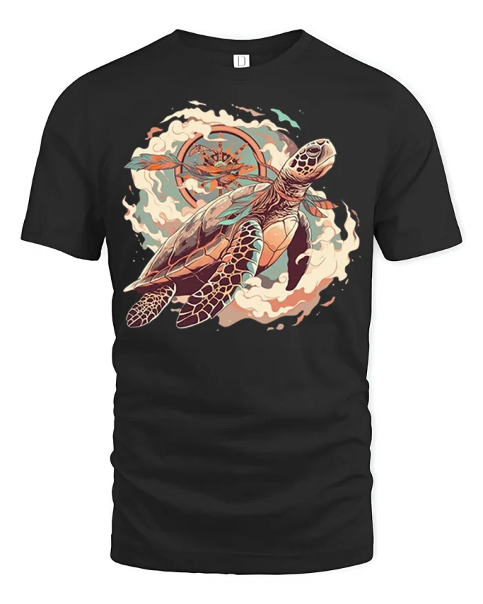 Ocean Spirit Sea Turtle Graphic Tee with Tribal Compass Artwork - black t-shirt on white background