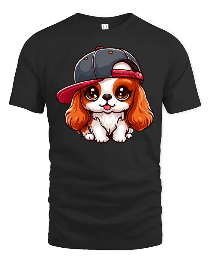 Cute Puppy Wearing Snapback Cap Funny Cartoon Graphic T Shirt - black t-shirt on white background