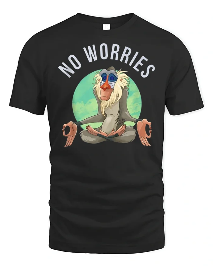No Worries Funny Meditating Monkey Graphic Tee Cartoon Style - black t-shirt on white background