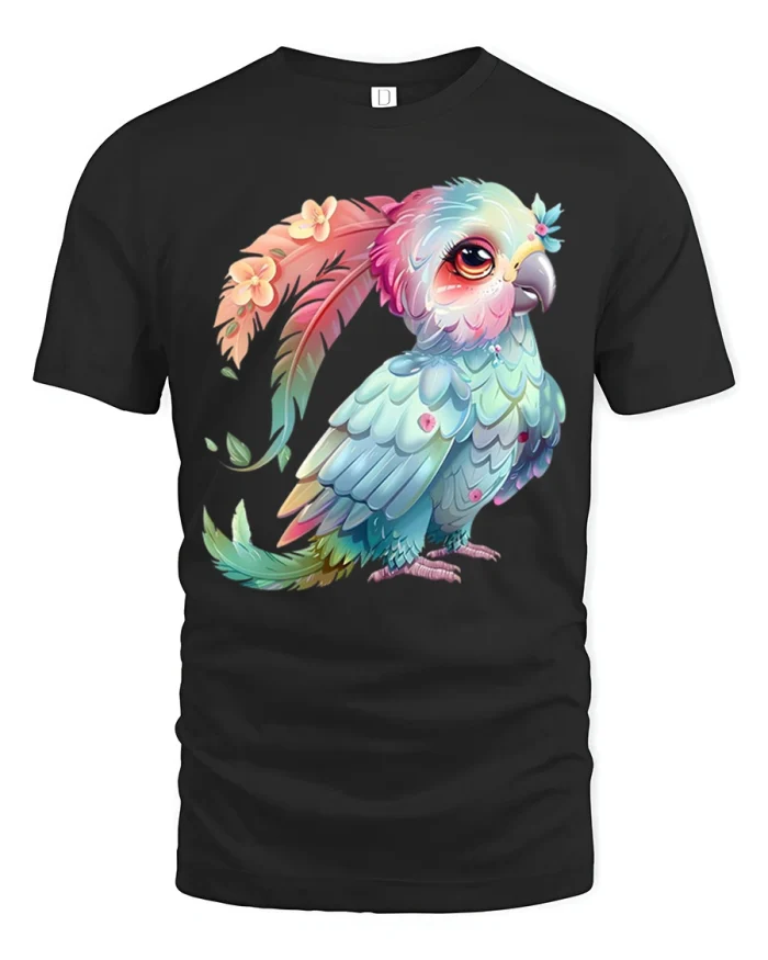 Cute Pastel Fantasy Parrot Bird Floral Graphic T Shirt - black t-shirt on white background