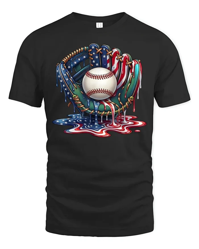 Vintage Patriotic Baseball Glove and Ball Graphic T Shirt Tee - black t-shirt on white background