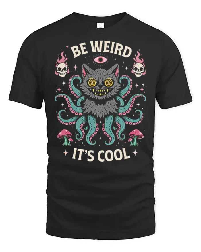 Be Weird Its Cool Cute Creepy Cat Monster Graphic T Shirt Tee - black t-shirt on white background