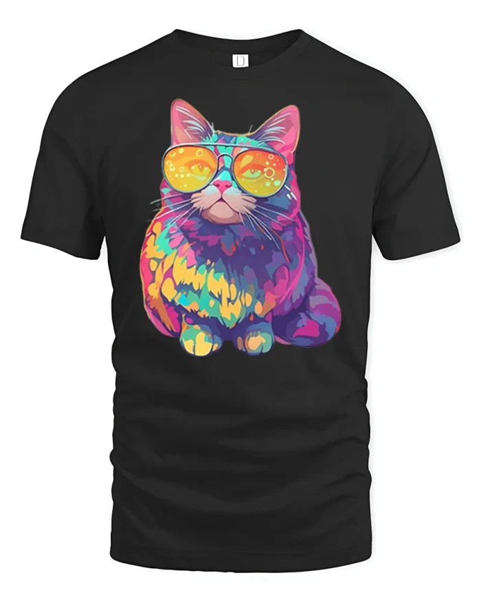 Colorful Cool Cat with Sunglasses Graphic T Shirt Tee Design - black t-shirt on white background