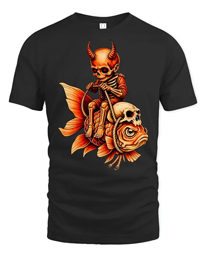 Dark Fantasy Skeleton Riding Skull Fish Graphic T Shirt Tee - black t-shirt on white background