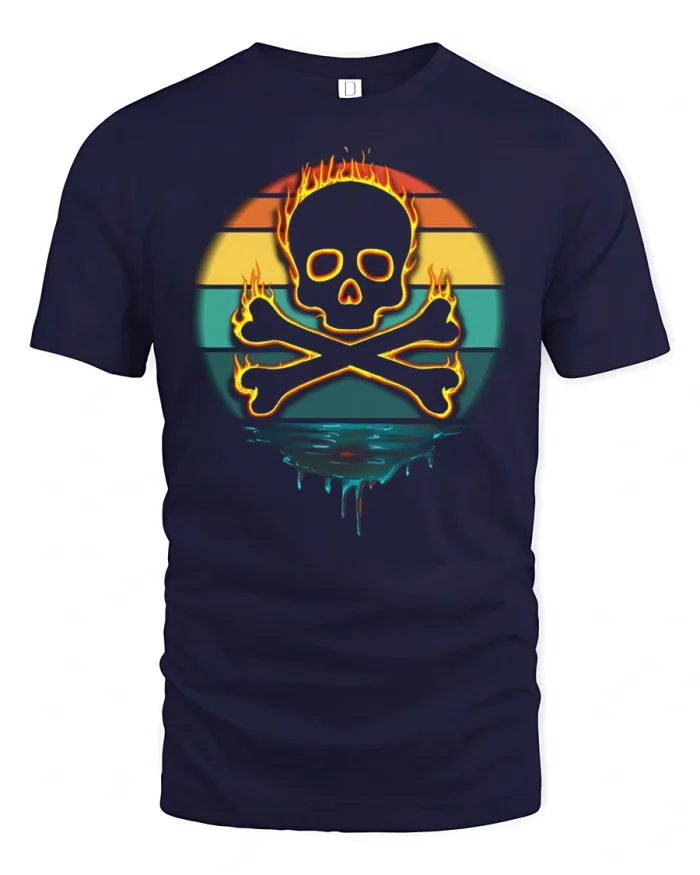 Vintage Flaming Skull Crossbones Graphic Tee Retro Gothic Style - navy t-shirt on white background