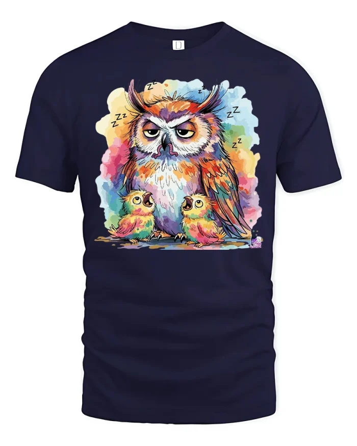 Sleepy Grumpy Owl Family Graphic Tee Funny Colorful Bird Art - navy t-shirt on white background