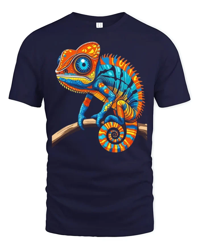 Colorful Chameleon Graphic Tee Vibrant Reptile Wildlife Art Shirt - navy t-shirt on white background