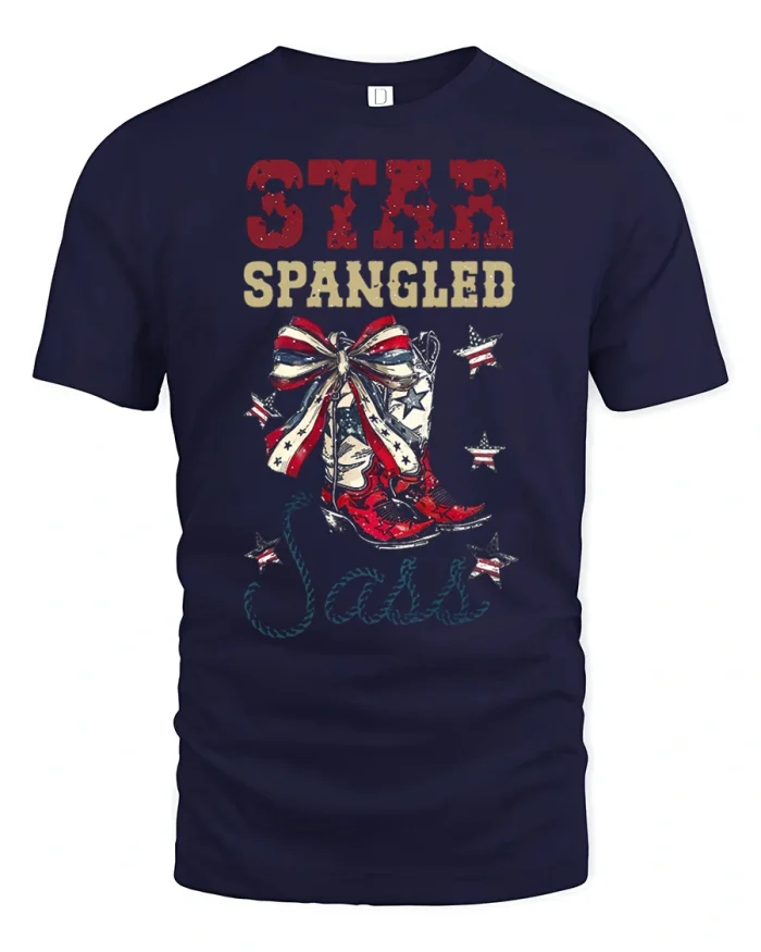 Star Spangled Sass Cowgirl Boots Patriotic Western Graphic Tee - navy t-shirt on white background