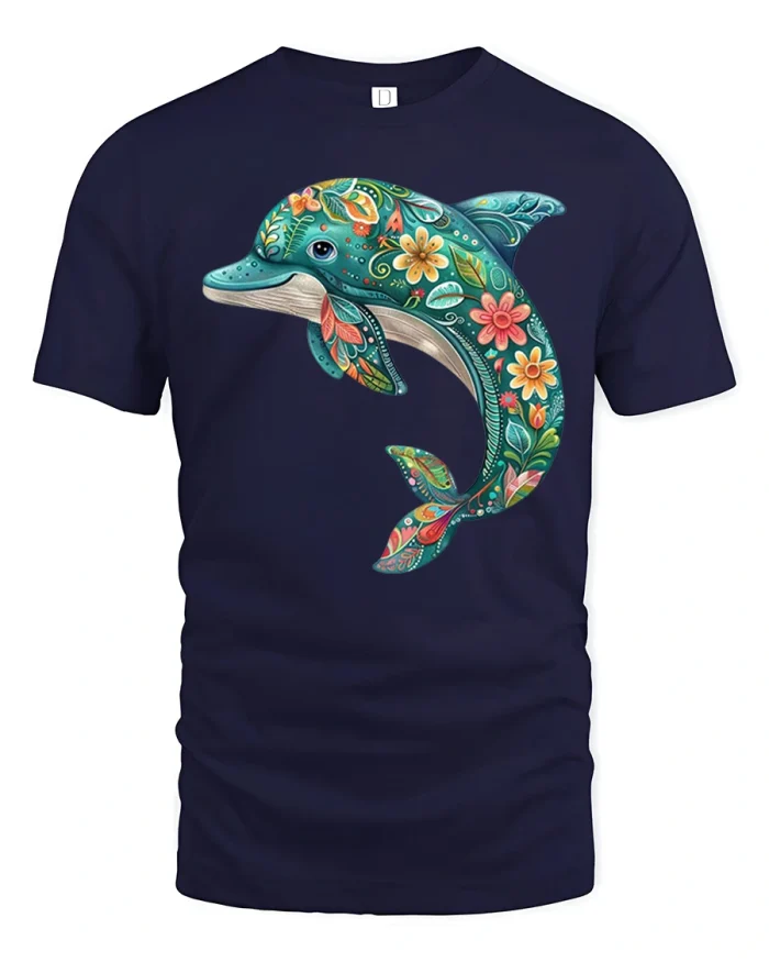 Colorful Floral Dolphin Graphic Tee with Ocean Nature Art Design - navy t-shirt on white background
