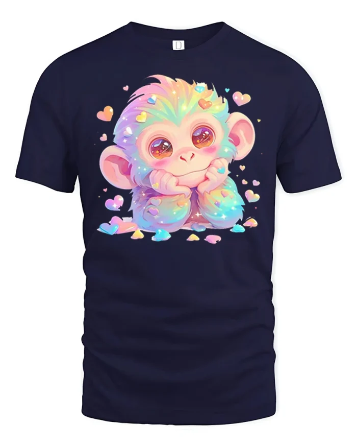 Cute Rainbow Baby Monkey Graphic Tee with Kawaii Hearts Design - navy t-shirt on white background