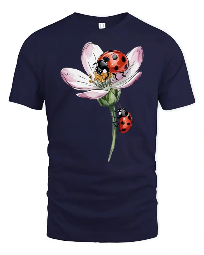 Cute Ladybug Flower Graphic Tee with Charming Spring Nature Art - navy t-shirt on white background