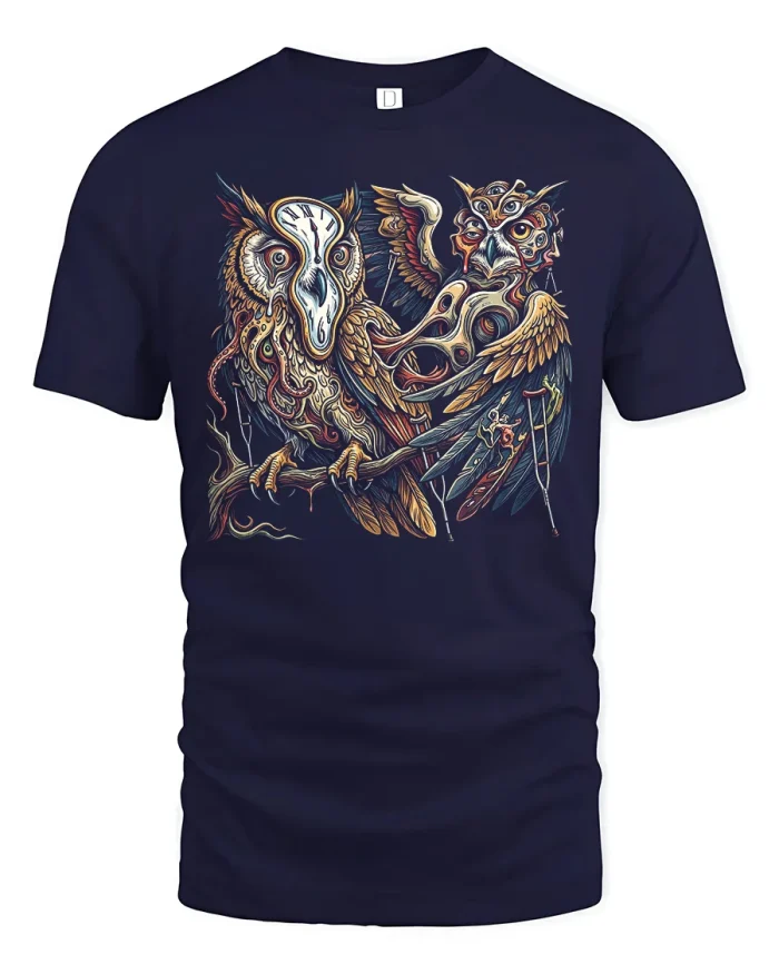 Surreal Mystic Owl Graphic Tee with Dark Fantasy Creature Artwork - navy t-shirt on white background