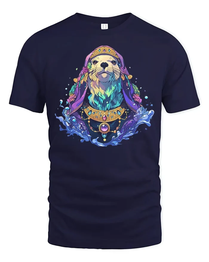 Mystic Sea Otter Royal Fantasy Graphic Tee Magical Ocean Art Tshirt - navy t-shirt on white background