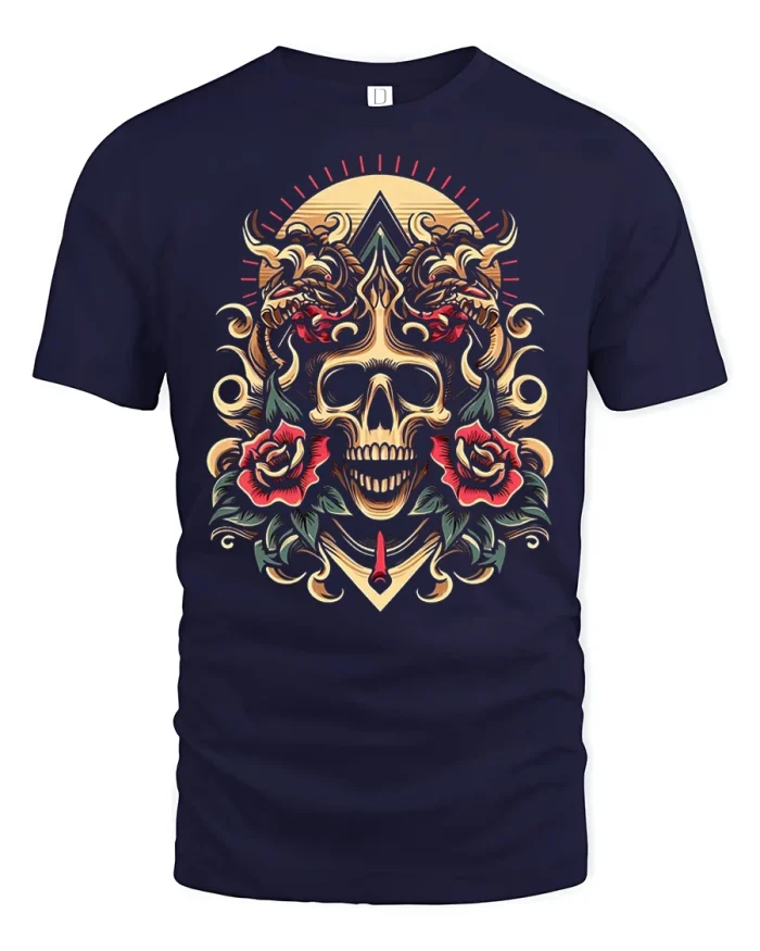 Gothic Skull Roses Dragon Graphic Tee Dark Fantasy Vintage Tshirt - navy t-shirt on white background