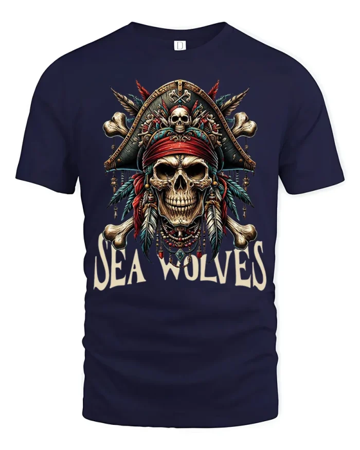 Sea Wolves Pirate Skull Graphic Tee Vintage Nautical Adventure Tshirt - navy t-shirt on white background