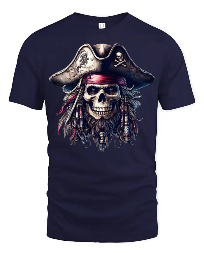 Pirate Captain Skull Graphic Tee Vintage Buccaneer Legend Tshirt - navy t-shirt on white background