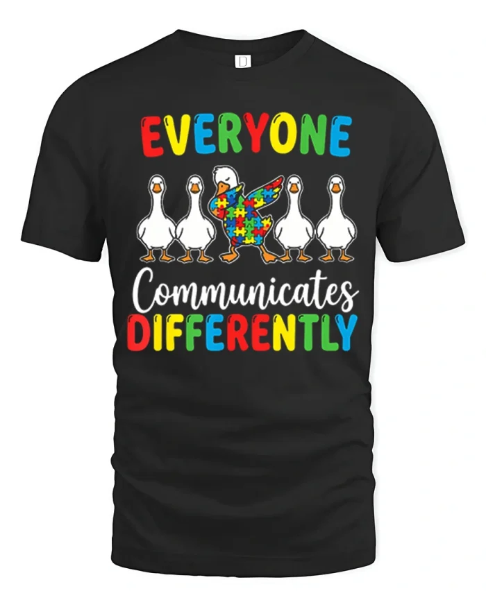 Everyone Communicates Differently Autism Awareness Goose Graphic Tee - black t-shirt on white background