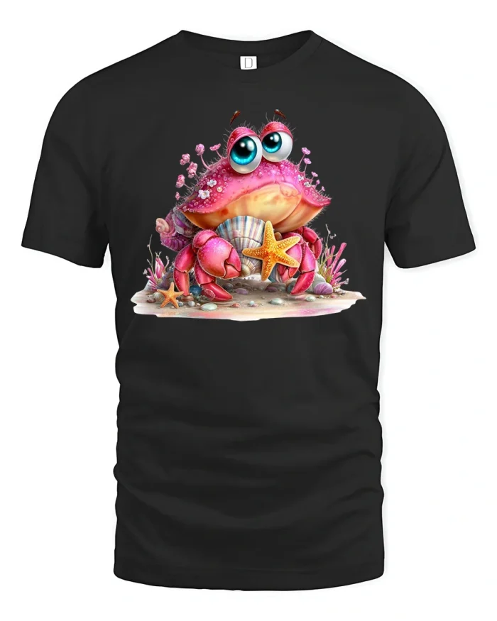 Cute Pink Hermit Crab Beach Cartoon Graphic T Shirt Tee - black t-shirt on white background