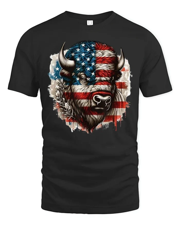 Patriotic American Buffalo Flag Graphic Freedom T Shirt Tee - black t-shirt on white background