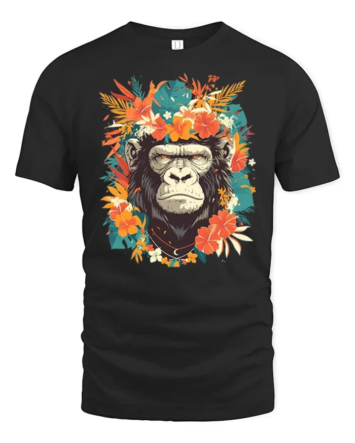 Tropical Floral Chimpanzee Jungle Graphic Premium T Shirt Tee - black t-shirt on white background