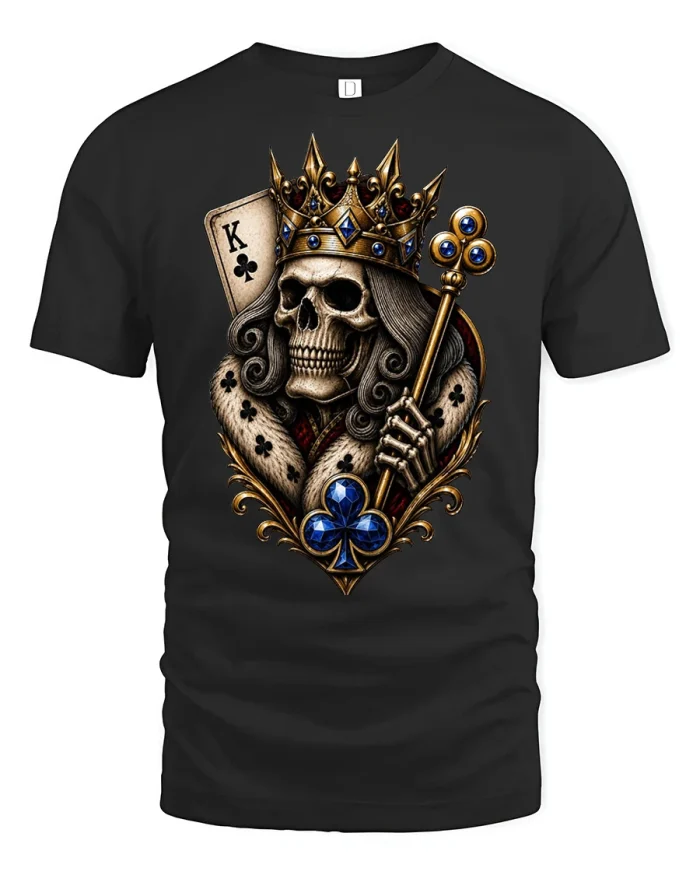 Skull King of Clubs Playing Card Gothic Graphic T Shirt Tee - black t-shirt on white background