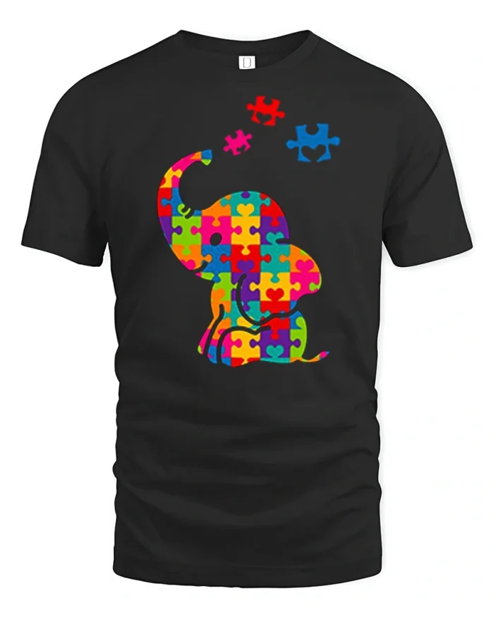 Autism Elephant Puzzle Heart Awareness Graphic Tshirt With Love - black t-shirt on white background