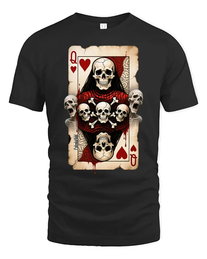 Queen Of Hearts Skull Playing Card Gothic Graphic Tshirt Design - black t-shirt on white background