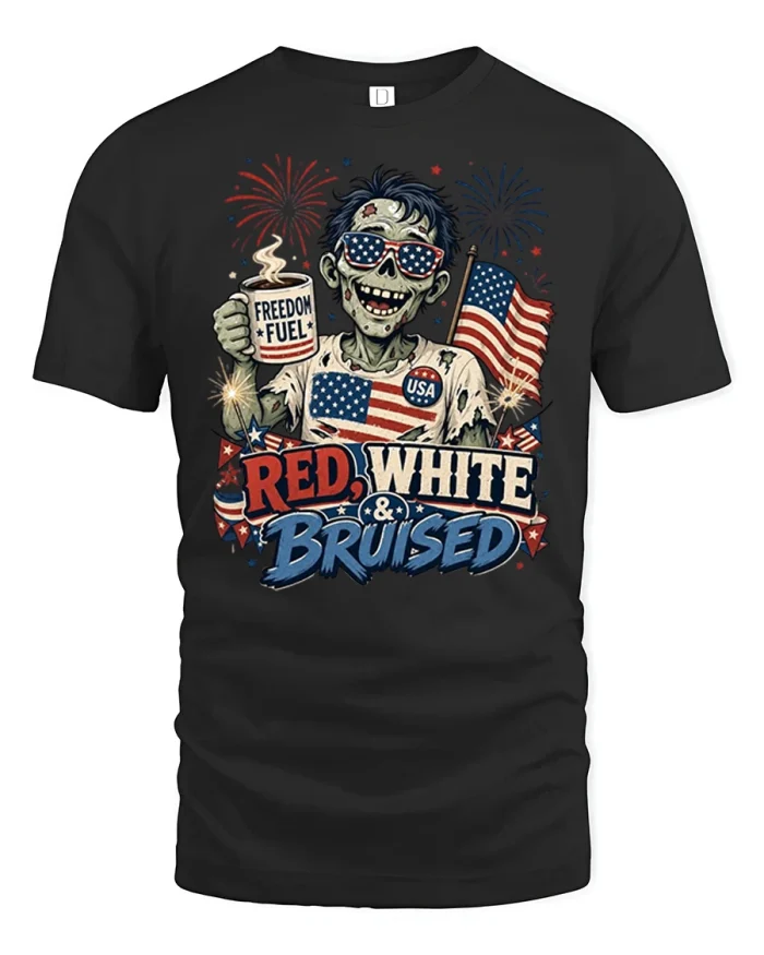 Red White and Bruised Zombie USA Patriotic Graphic T Shirt Fun - black t-shirt on white background