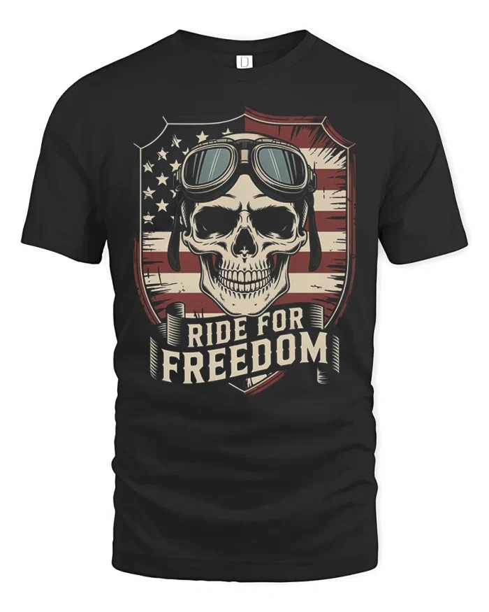 Ride For Freedom Skull Biker American Flag Graphic Tee Tshirt - black t-shirt on white background