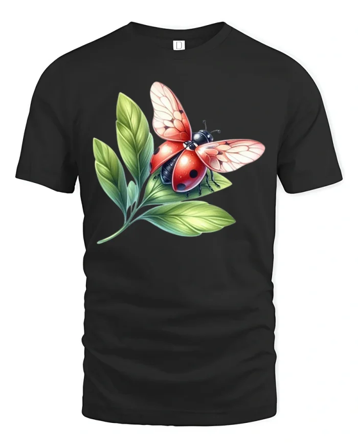 Beautiful Ladybug on Green Leaves Nature Graphic T Shirt Art - black t-shirt on white background
