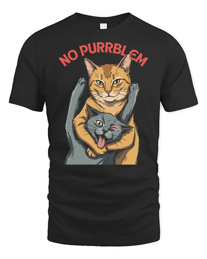 No Purrblem Funny Hugging Cats Graphic Tee Cute Cat Lover Tshirt - black t-shirt on white background