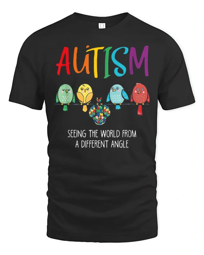 Autism Seeing The World From A Different Angle Bird Graphic Tee - black t-shirt on white background