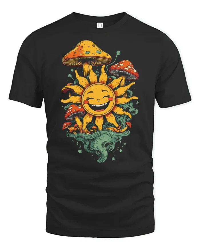 Smiling Sunshine Mushroom Fantasy Graphic Tee Happy Nature Tshirt - black t-shirt on white background