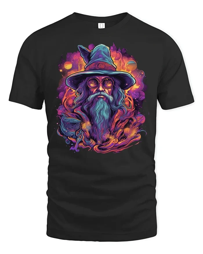Mystic Wizard Fantasy Graphic Tee Magical Sorcerer Art Tshirt - black t-shirt on white background