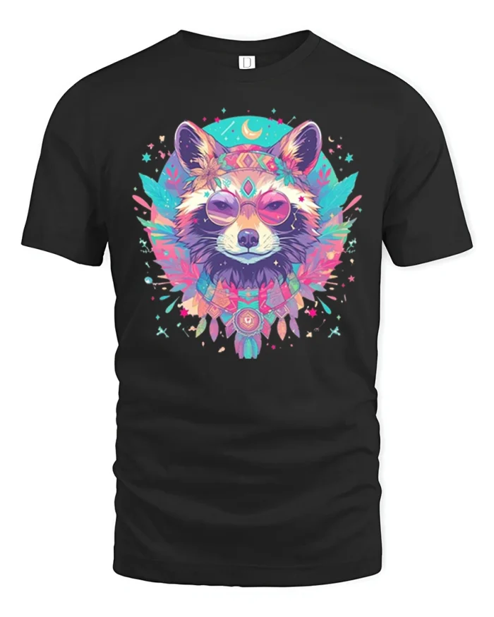Boho Fox Spirit Animal Graphic Tee Colorful Fantasy Art Tshirt - black t-shirt on white background