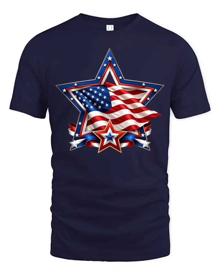 Patriotic American Flag Star Graphic Independence Day T Shirt Tee - navy t-shirt on white background