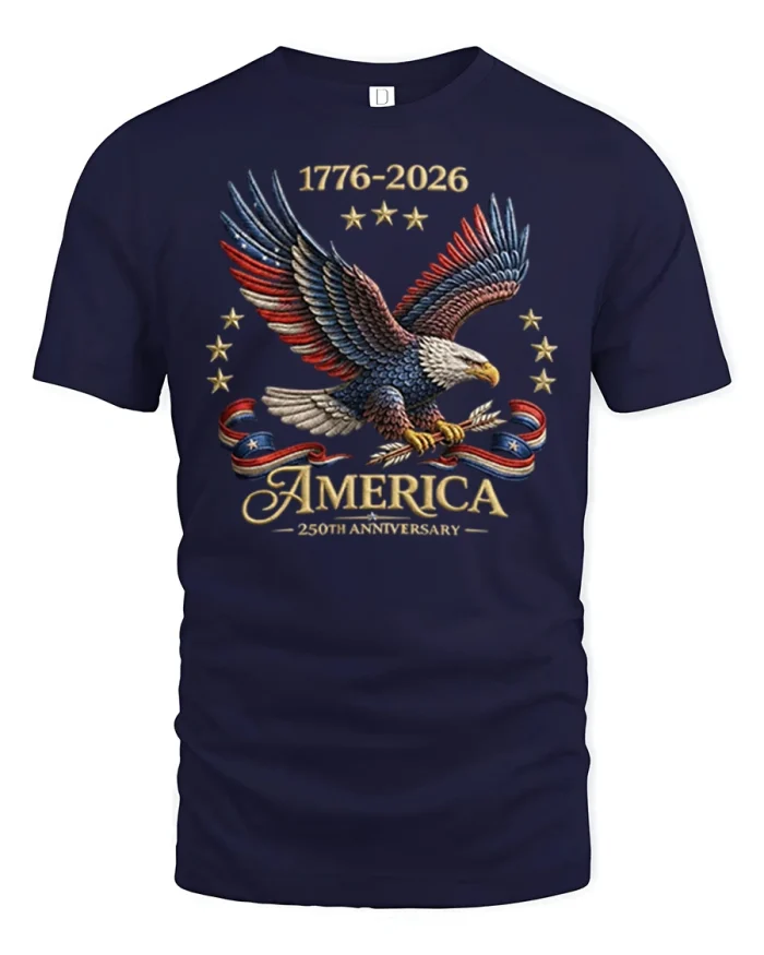 America 250th Anniversary Bald Eagle Patriotic Graphic T Shirt Tee - navy t-shirt on white background