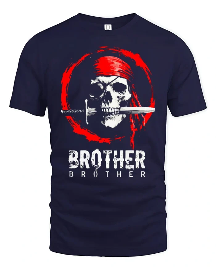 Brother Pirate Skull Graphic Vintage Adventure T Shirt Tee - navy t-shirt on white background