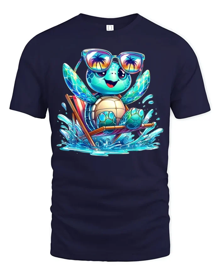 Cute Beach Sea Turtle With Sunglasses Summer Vacation T Shirt Tee - navy t-shirt on white background