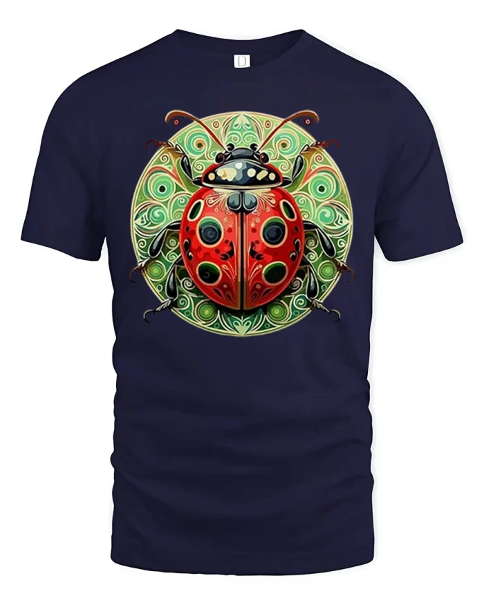 Colorful Ladybug Mandala Nature Art Graphic T Shirt Tee - navy t-shirt on white background