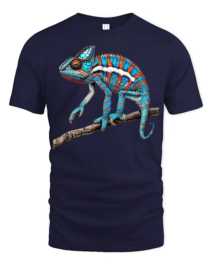 Colorful Chameleon Reptile Wildlife Graphic Premium T Shirt Tee - navy t-shirt on white background