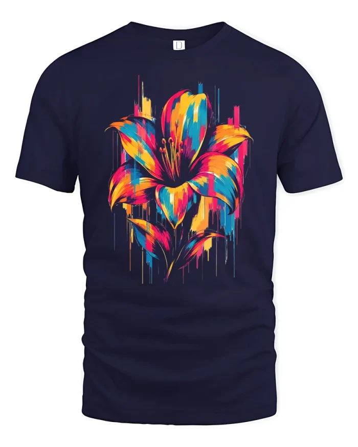 Colorful Abstract Lily Flower Artistic Graphic Premium T Shirt Tee - navy t-shirt on white background